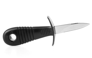 Stainless steel oyster knife with plastic handle isolated on a white background