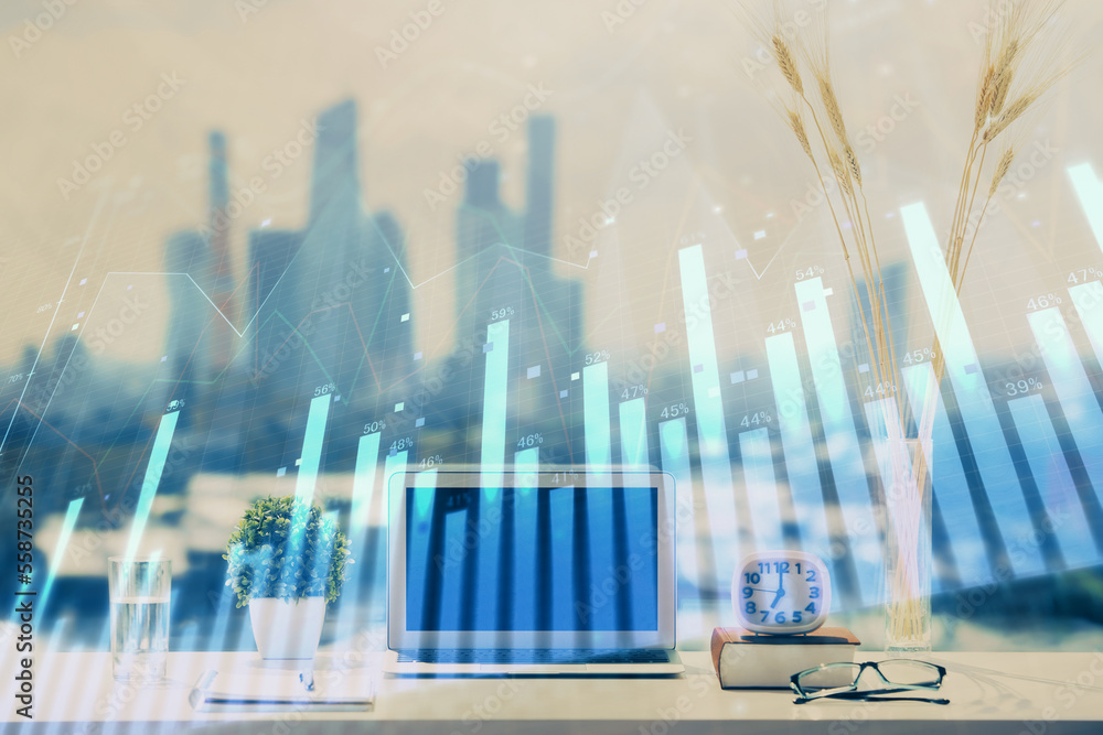Aufkleber stock market graph on background with desk and personal computer. double exposure. concept of financ
