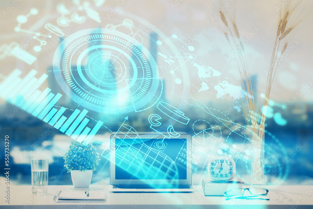 Poster Double exposure of business theme icons and work space with computer background. Concept of success.