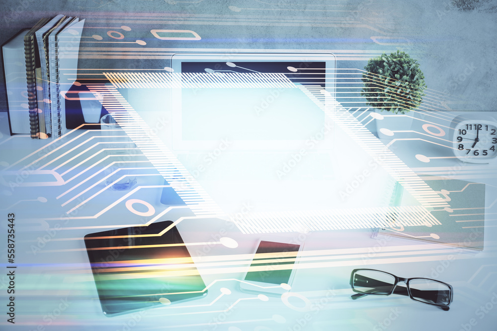 Aufkleber Multi exposure of table with computer on background and data theme drawing. Concept of innovation.