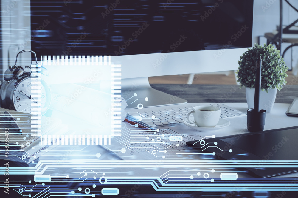 Aufkleber Double exposure of desktop with computer on background and tech theme drawing. Concept of big data.