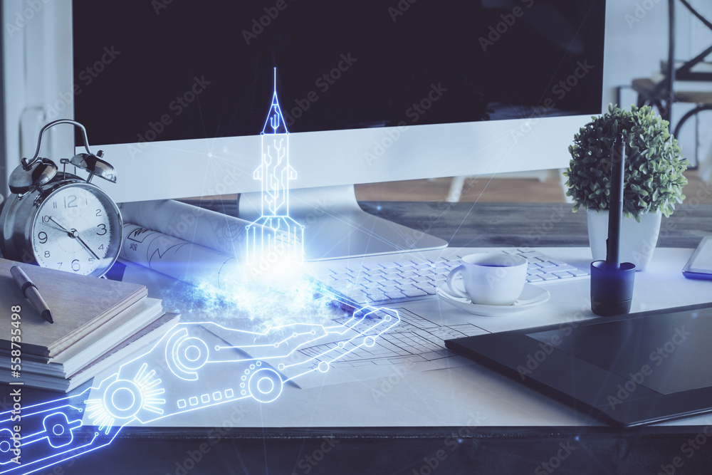 Poster Desktop computer background in office and start up theme hologram drawing. Double exposure. Startup concept.
