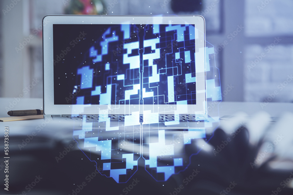 Aufkleber multi exposure of desktop computer and technology theme hologram. concept of software development.