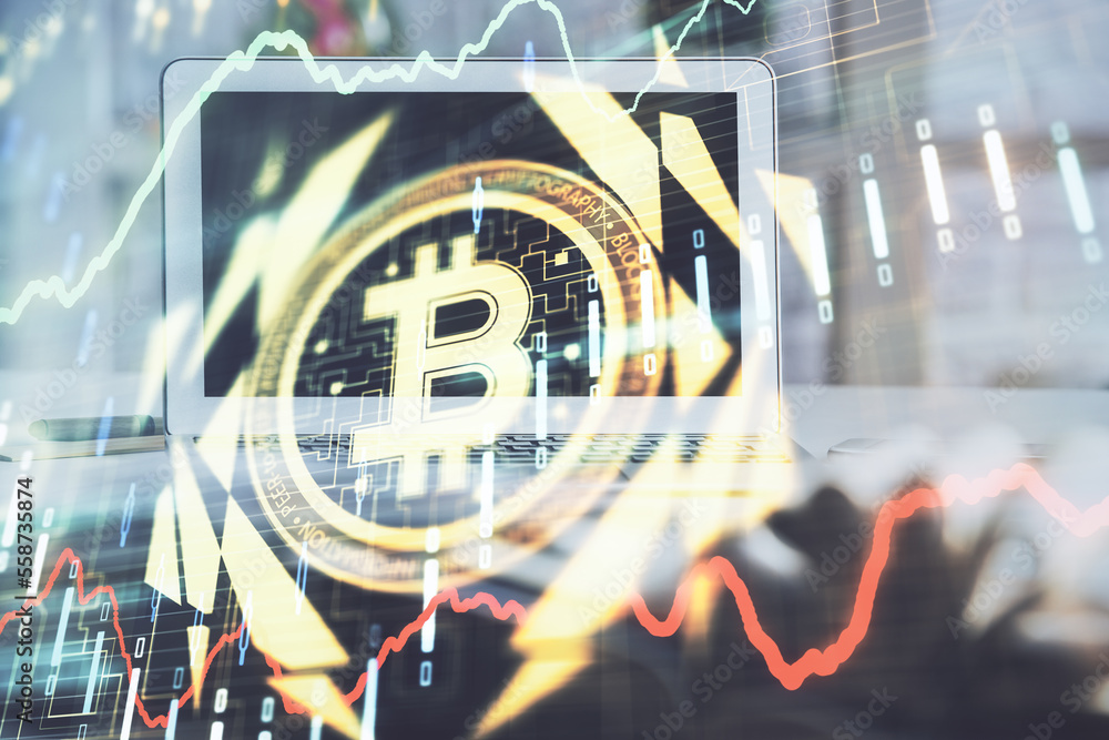 Poster Multi exposure of blockchain and crypto economy theme hologram and table with computer background. Concept of bitcoin cryptocurrency.