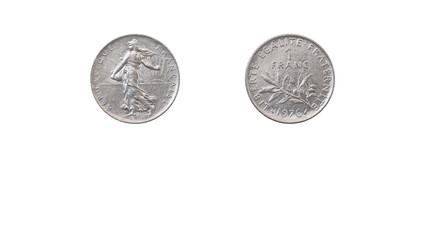 French 1 franc coin year 1976,obverse and reverse side on white background,macro close up
