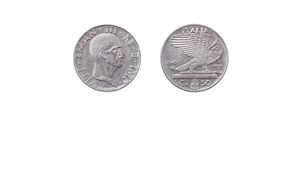 Italian coin 50 cents of lira Vittorio Emanuele III year 1940,obverse and reverse side on white...