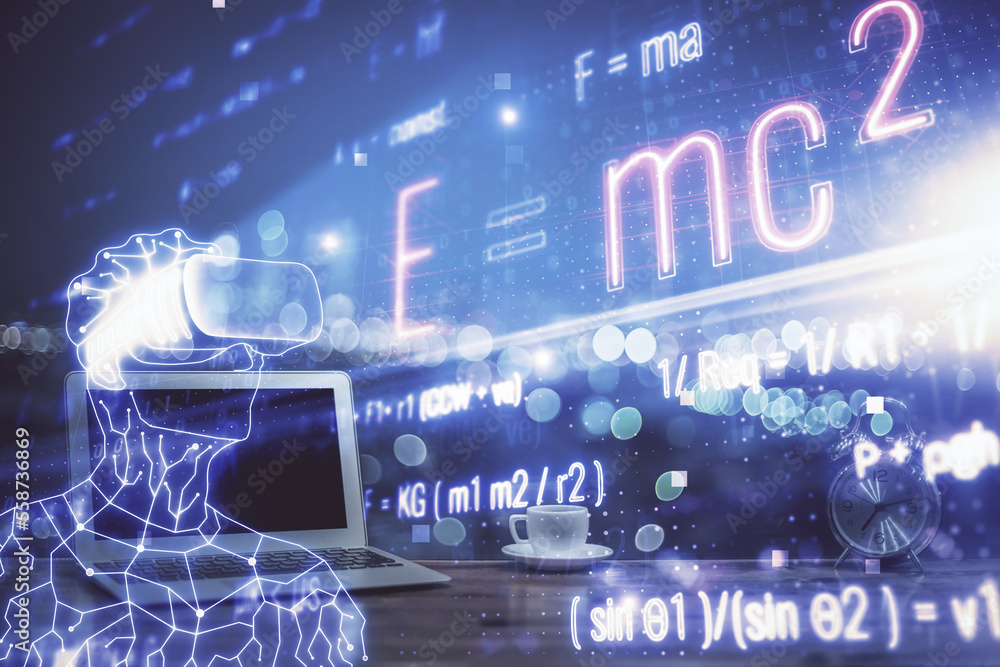 Poster desktop computer background and formula hologram writing. double exposure. education concept.