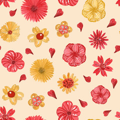 New spring watercolor flowers and petals seamless pattern for summer fabric, feminine textile or print material.
