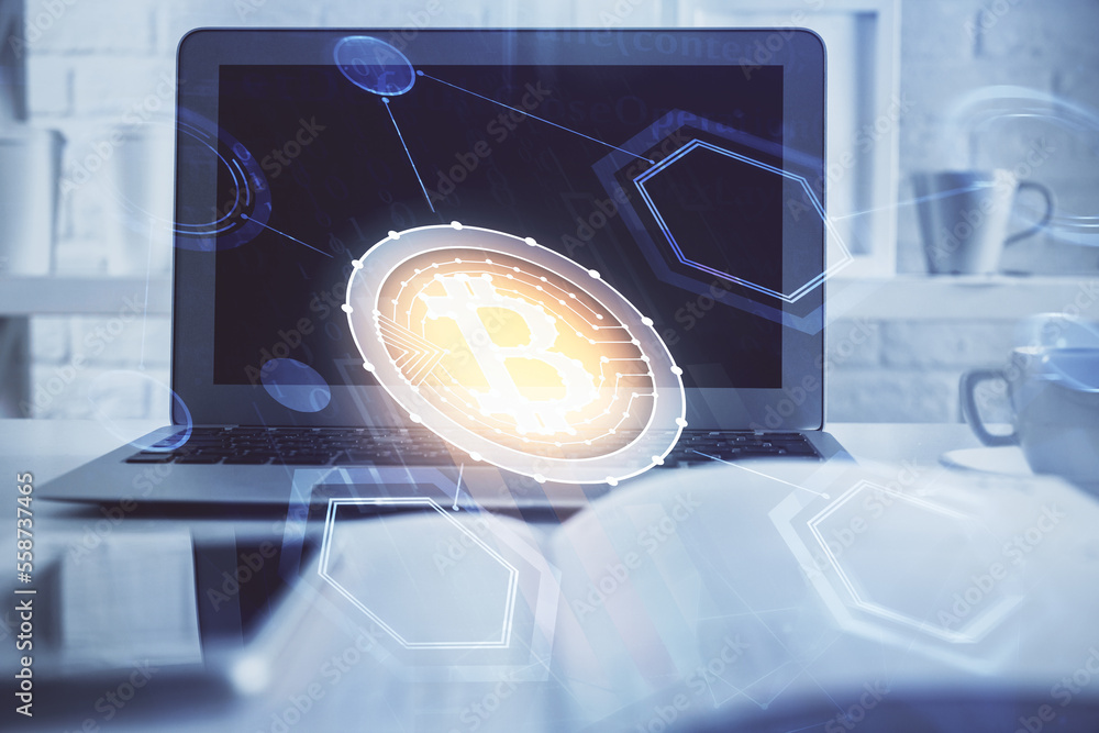 Poster Multi exposure of blockchain theme hologram and table with computer background. Concept of bitcoin crypto currency.