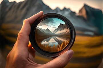 Photographer hand holds a protective filter from the lens, against the backdrop of a beautiful mountain landscape, created with Generative AI technology. 