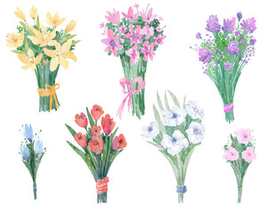 Set of spring watercolor bouquets. Red tulips, daffodils, roses, wildflowers, lilies. Flowers for woman. Floral design elements isolated on white background