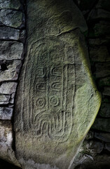 Les Pierres Plates prehistoric Neolithic passage grave. Locmariaquer, Brittany, France. One of the...