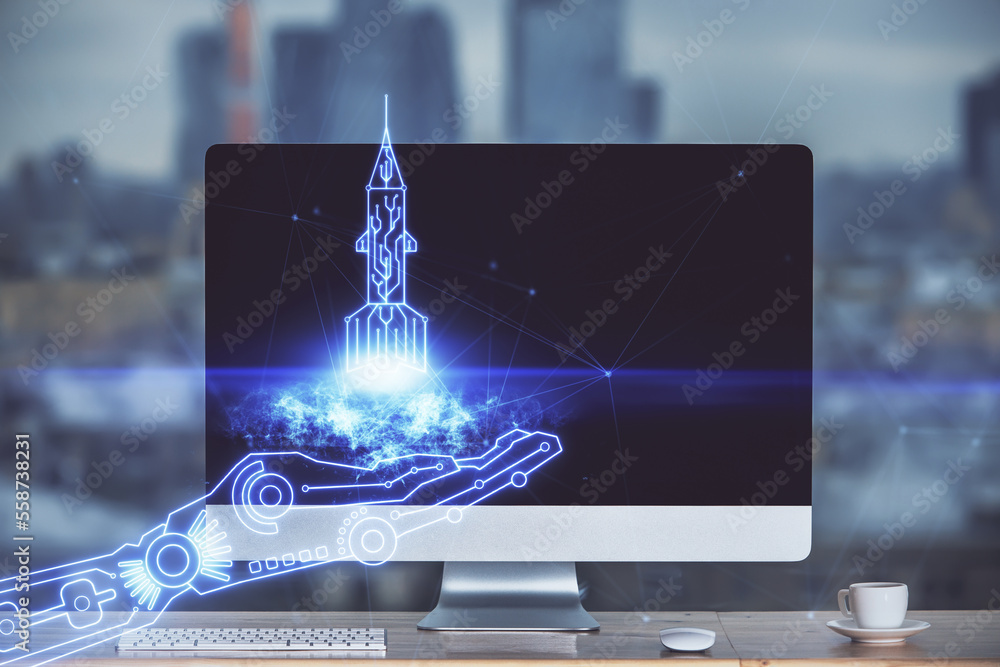 Poster Desktop computer background in office and start up theme hologram drawing. Double exposure. Startup concept.