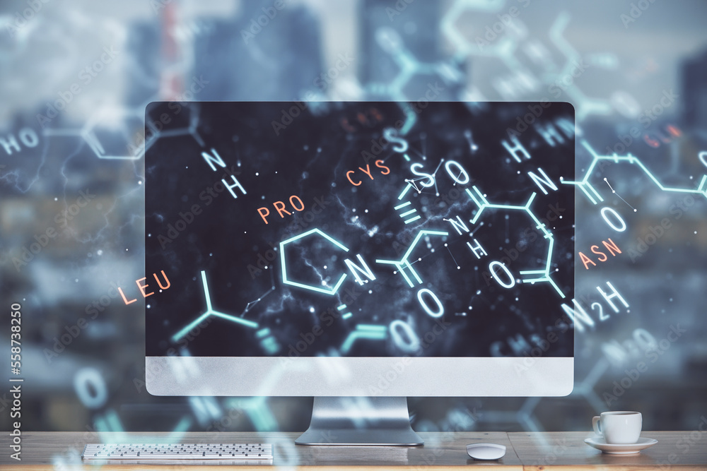 Poster desktop computer background and formula hologram writing. double exposure. education concept.
