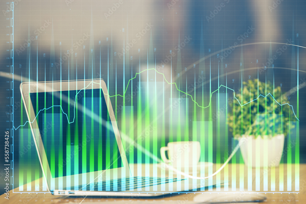 Poster stock market graph on background with desk and personal computer. multi exposure. concept of financi