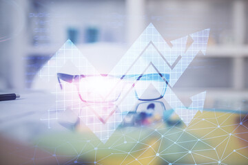 Arrows drawing up with glasses on the table background. Concept of business growth. Double exposure.