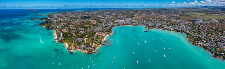 Grand Baie, Mauritius - aerial landscape view of Grand Bay, the infrastructure and buildings along...