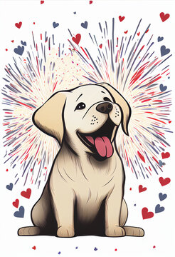 Happy puppy in a firework of hearts. Valentine's Day. AI generated