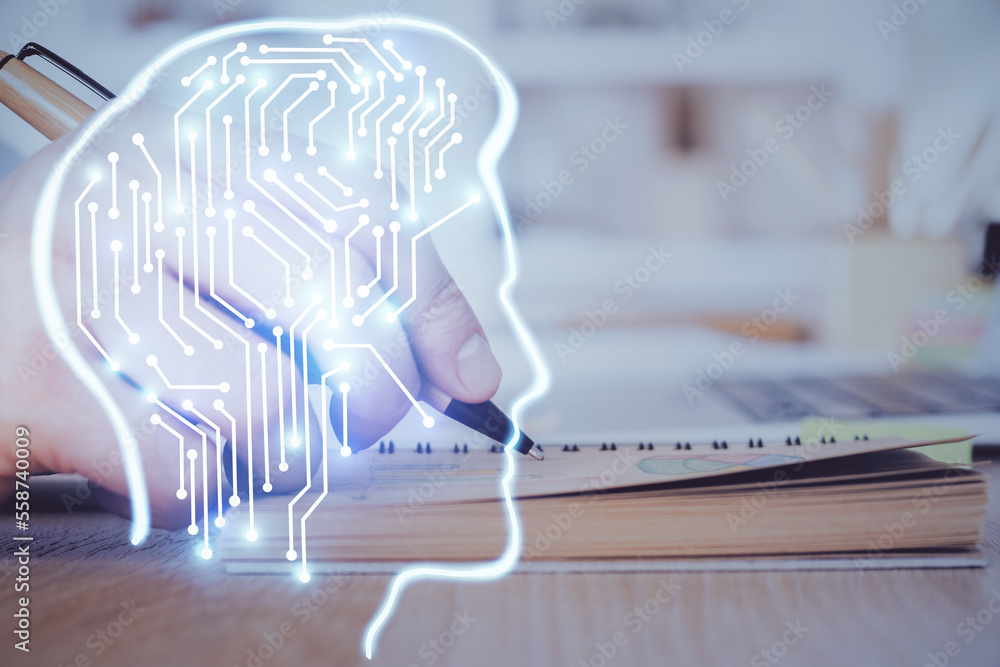 Poster haman brain multi exposure icon with man hands background.