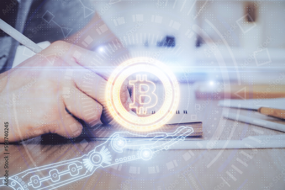 Poster Man's hands working with notes background. Cryptocurrency and finance concept.