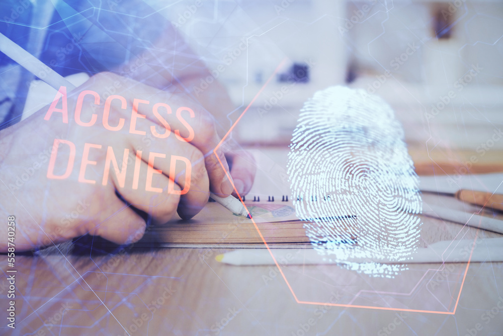 Aufkleber Concept of the future of security and password control through advanced technology. Fingerprint scan provides safe access with biometrics identification. Multi exposure.