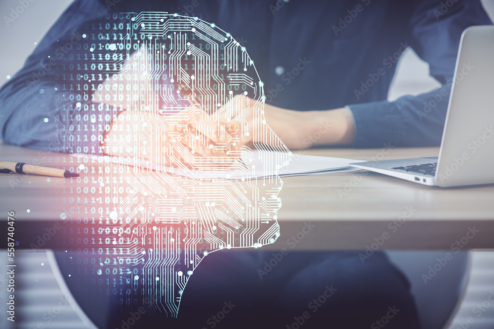 Poster brain multi exposure icon with man hands background.