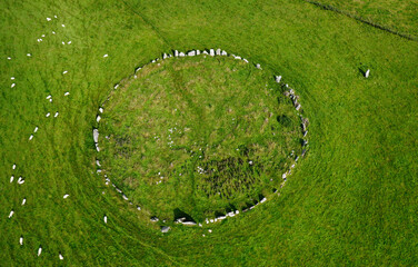 Beltany prehistoric stone circle. Raphoe, Donegal, Ireland. Neolithic and Bronze Age ritual site 2100-700 BC. Outlier stone top right. Aerial - obrazy, fototapety, plakaty