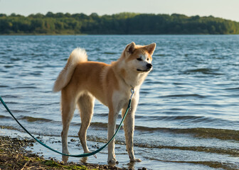 portrait akita au bord d'un lac