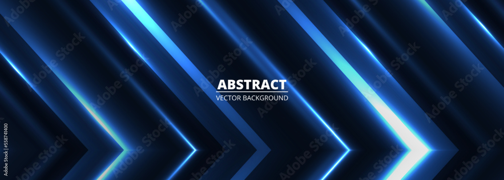Poster vector dark blue abstract modern wide banner with light blue shiny arrows, glowing abstract horizont