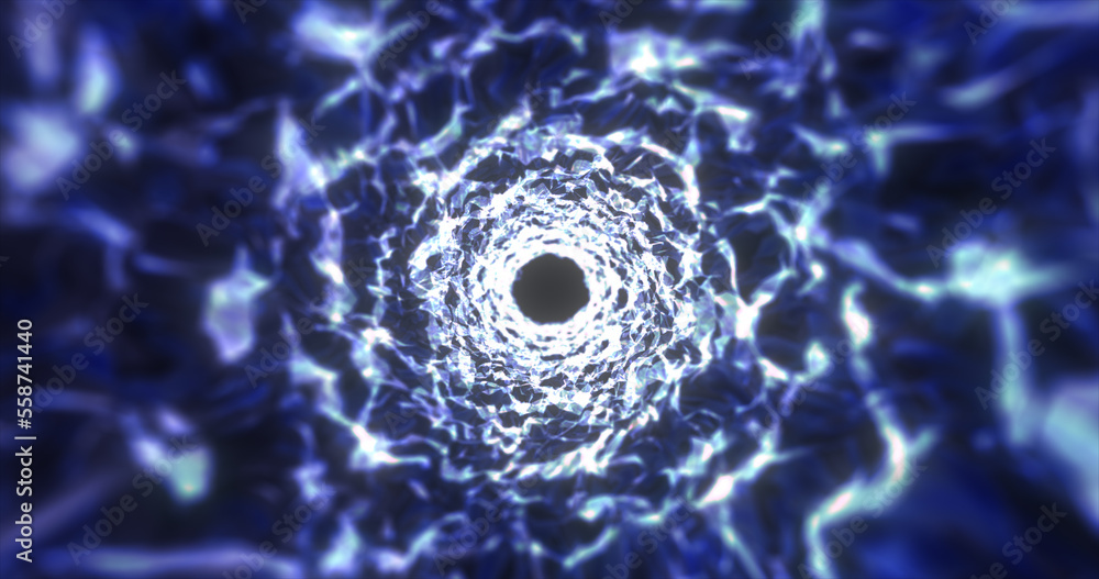 Poster abstract blue tunnel swirling from lines and particles of triangles glowing futuristic hi-tech with 