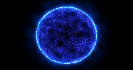 Abstract energy sphere round planet star futuristic cosmic blue beautiful glowing magic on black background. Abstract background