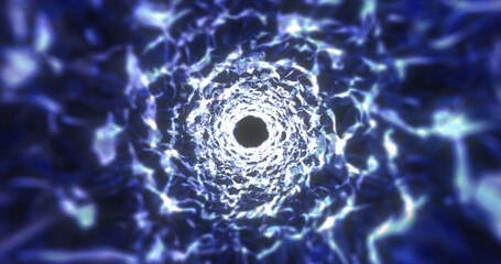 Abstract blue tunnel swirling from lines and particles of triangles glowing futuristic hi-tech with a blur effect on a dark background. Abstract background