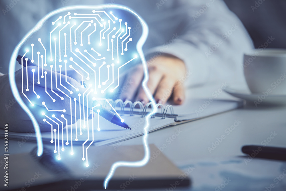 Poster multi exposure of woman's writing hand on background with brain hologram. concept of brainstorming.