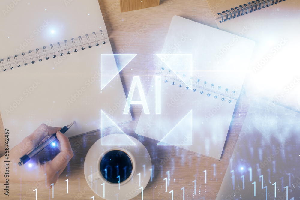 Poster multi exposure of woman's writing hand on background with data technology hud. concept of innovation