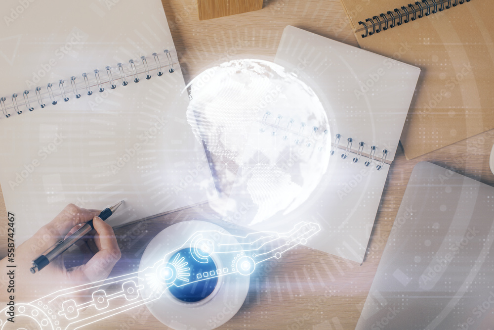 Poster Multi exposure of hands making notes with world map hologram and data theme icons. Concept of global data.