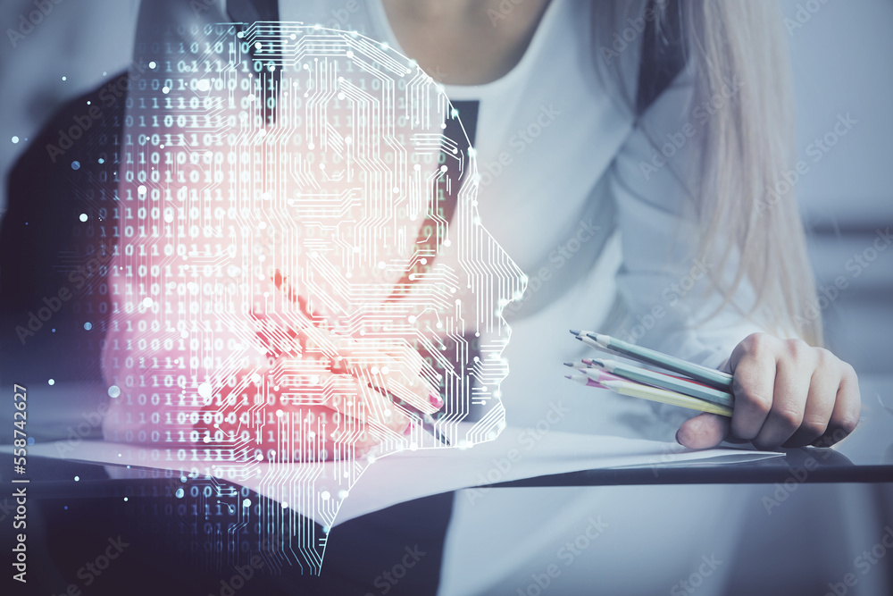 Poster multi exposure of woman's writing hand on background with brain hud. concept of learning.