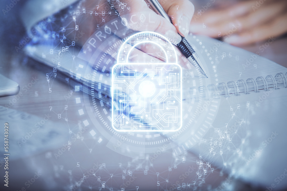 Poster Double exposure of hands making notes with lock icons. Concept security and protection of data