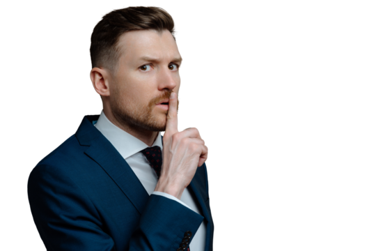 Serious bearded adult man makes shush gesture asks to be quiet tells confidential information presses index finger to lips wears formal clothes isolated over grey background with copy space. - Powered by Adobe