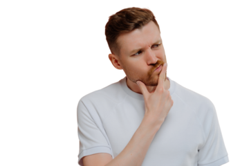 Thoughtful young unshaven man in white shirt having doubts and thinking about something with confused face expression while standing isolated over pink background. Hesitation concept