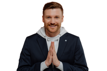 Positive handsome man praying to god, asking for help or making wish