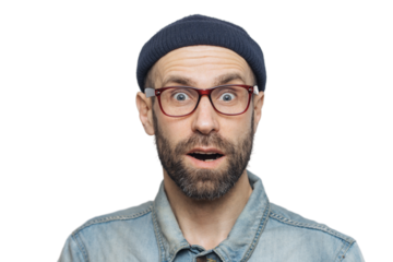 Horizontal shot of amazed excited shocked man stares at camera with unexpected expression, keeps mouth opened, hears awful news, isolated over grey background. Omg and great surprisment concept