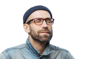Portrait of relaxed unshaven male with closed eyes wears glasses, keeps eyes closed, enjoys calm atmosphere, isolated over white background. People, relaxation and facial expressions concept