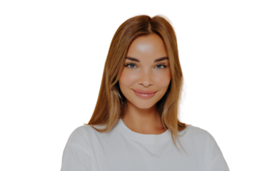 Close up portrait of young smiling beautiful woman with long straight hairstyle