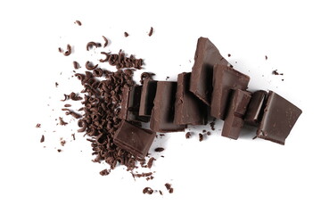 Chopped, milled chocolate pile with shavings isolated on white, top view