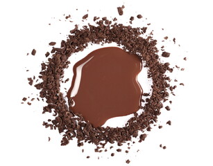 Spilled chocolate milk puddle with  chopped, milled dark chocolate isolated on white background, top view