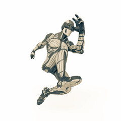 super hero in an exosuit is jumping in action