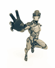 super hero in an exosuit is trying to reach you