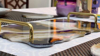 Tight shot of a set table with a beautiful tray