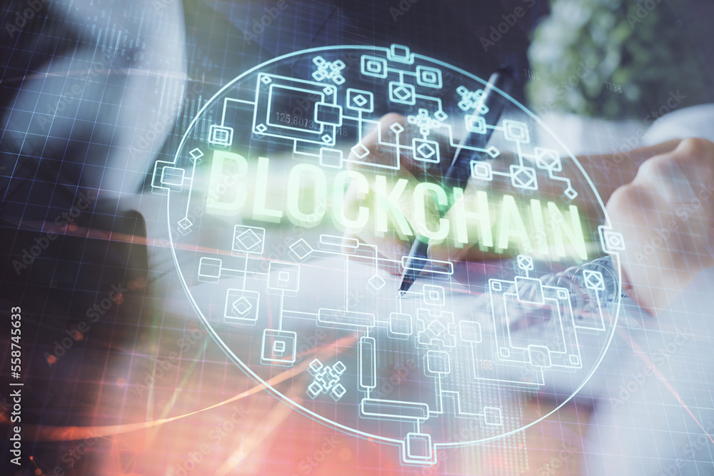 Poster cryptocurrency hologram, bitcoin, ico theme over hands taking notes background. concept of blockchai