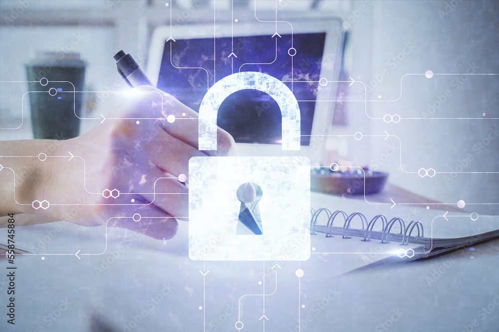 Poster double exposure of woman's hands writing with lock icon. concept of security and protection of data